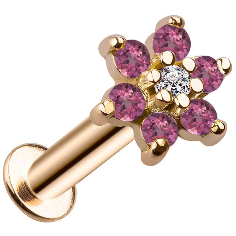14k yellow gold pink CZ flower flat back labret, angled view showing pink petals with clear center stone