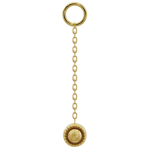 14K yellow gold long milgrain chain earring accessory with round beaded charm, full length view