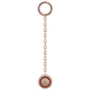 14K rose gold long milgrain chain earring accessory with round milgrain charm, warm blush tone
