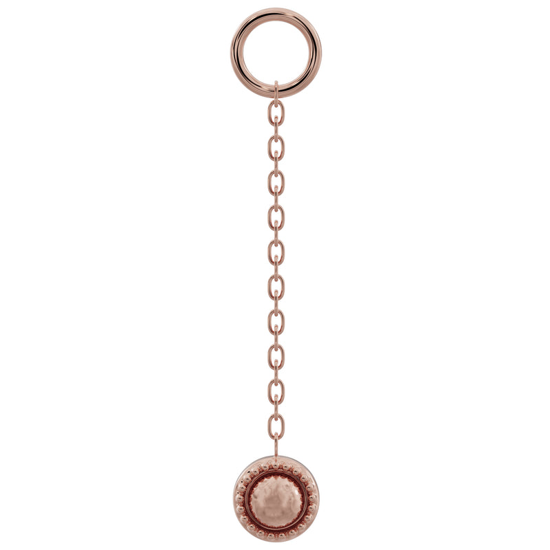 14K rose gold long milgrain chain earring accessory with round milgrain charm, warm blush tone
