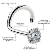 14k white gold diamond twist nose ring with labeled specs: 6mm barbell, 4-prong setting, VS1 diamond
