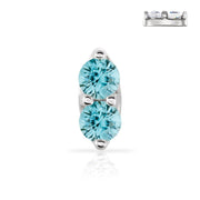 14K white gold double blue zircon nose ring with two bright teal genuine gemstones, front view