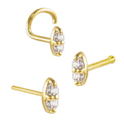 14K yellow gold nose ring with dual CZ stones shown in twist, bone, and straight post styles