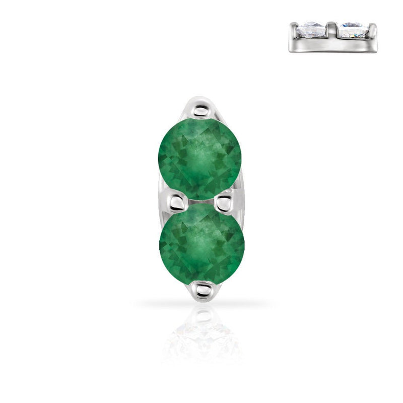 14K white gold double emerald nose ring with two vivid green round genuine emeralds in prong setting
