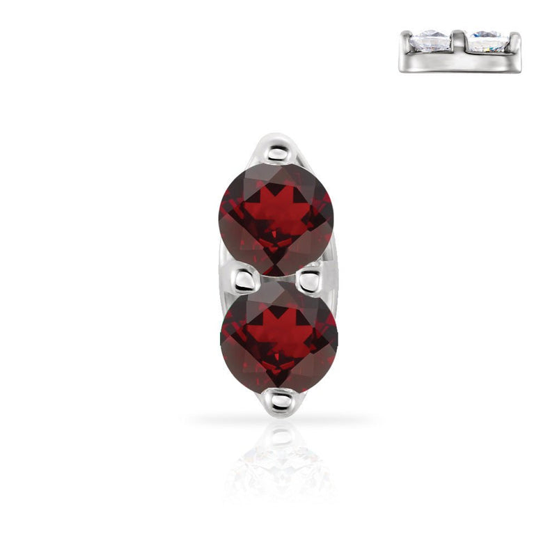 14K white gold double garnet nose ring featuring two deep red round genuine garnets in prong setting