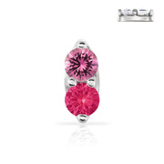 14K gold dual gemstone nose ring with pink sapphire and ruby in prong setting, front view
