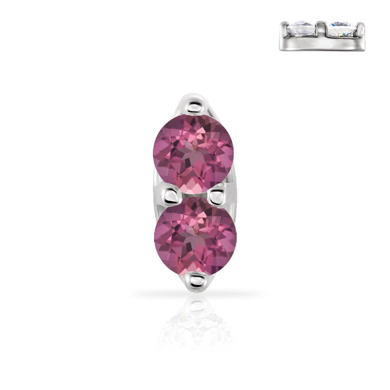 14K white gold double tourmaline nose ring featuring two pink genuine gemstones in vertical prong setting