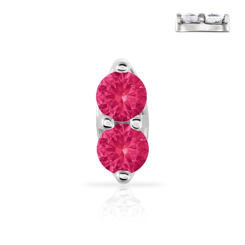 14K white gold double ruby nose ring with two vivid pink-red genuine round gemstones in prong setting