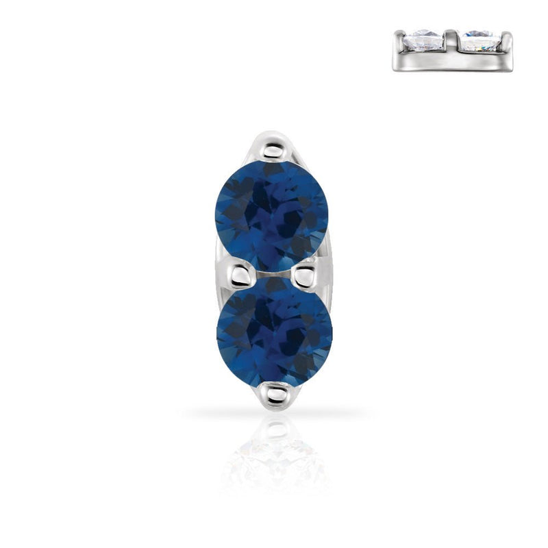 14K white gold double sapphire nose ring with two deep blue genuine gemstones, front view