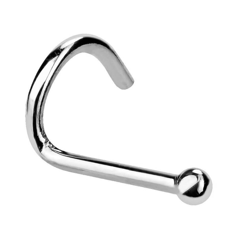 14K white gold tiny ball nose ring twist, front view showing polished silver-toned screw style