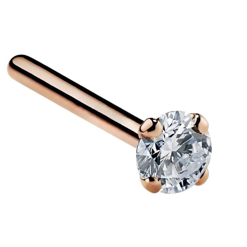 14k rose gold 1.5mm diamond straight post nose stud, 18G, close-up showing prong setting