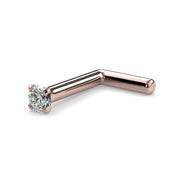 14k rose gold 1.7mm diamond L post nose stud, angled view showing L-shaped post and prong setting