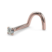 14k rose gold 1.7mm diamond twist nose ring, side-angled view showing screw curl and dainty diamond