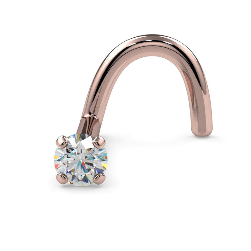 14k rose gold 1.7mm diamond twist nose ring, front-angled view showing 4-prong setting and curl