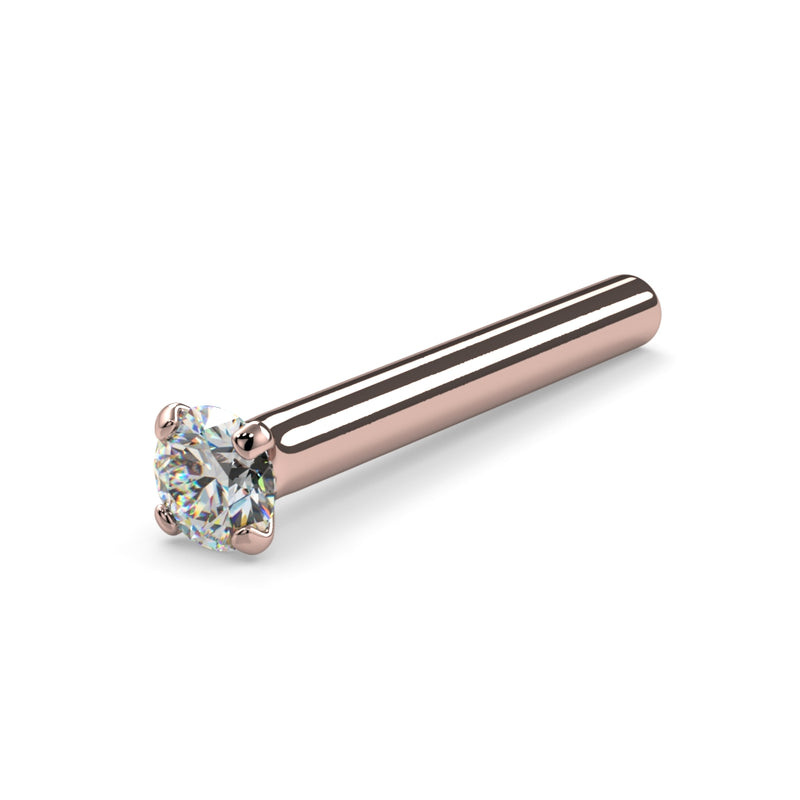 14k rose gold 1.7mm diamond straight post nose stud, angled side view showing pin-style post