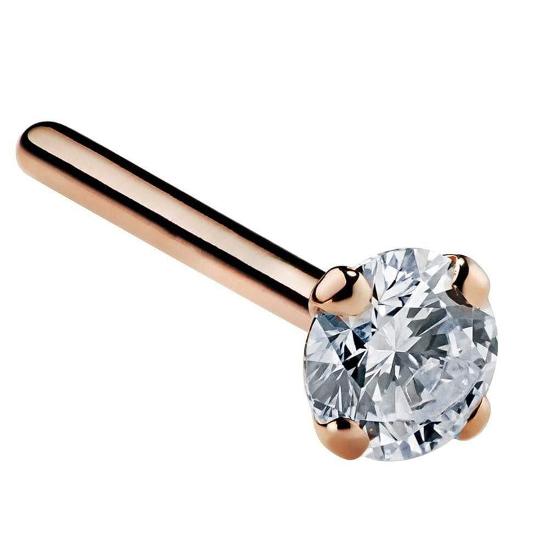 14k rose gold 2mm diamond straight post nose ring 18G, angled view with rose gold pin post