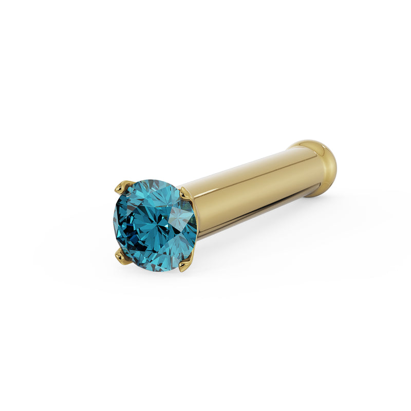 14k yellow gold blue diamond nose bone stud, angled view showing cylindrical post and end