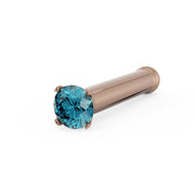 14k rose gold blue diamond nose bone stud, angled view showing straight post and rounded end