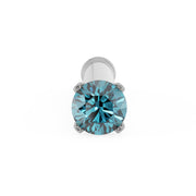 Top-down view of 1.5mm blue diamond in four-prong white gold setting on straight nose post