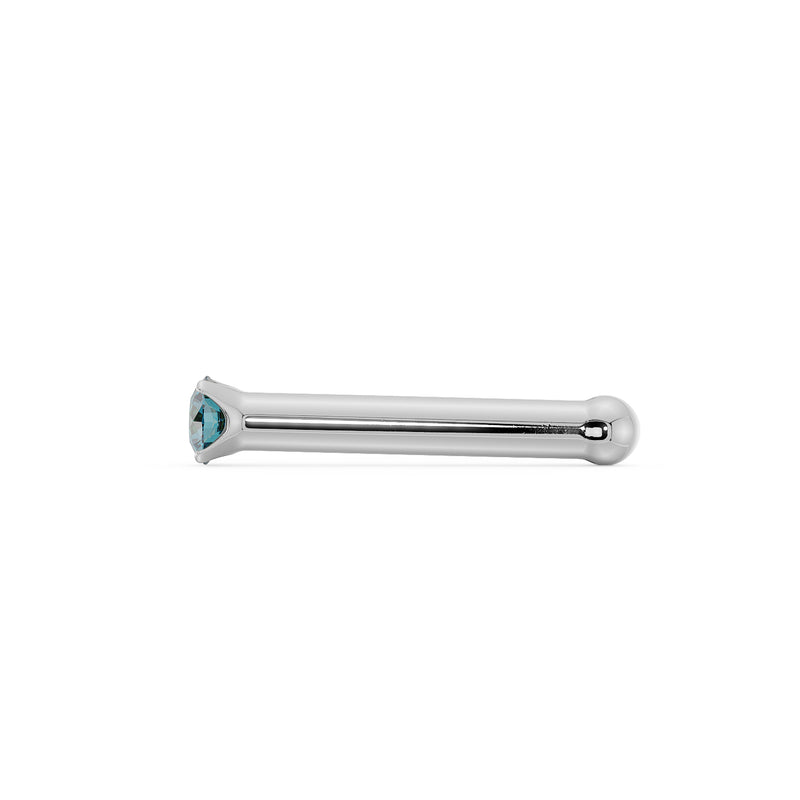 Side profile of 14k white gold blue diamond nose bone style showing low-profile post length