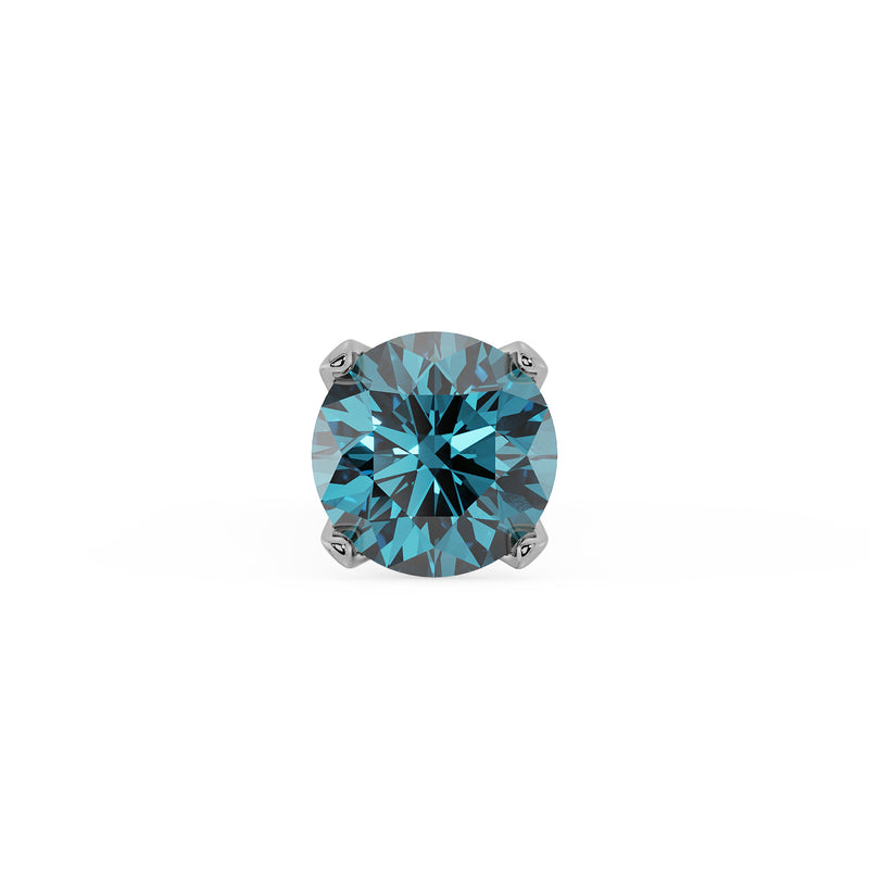 Close-up of 1.5mm round blue diamond in four-prong setting, white gold nose stud top view
