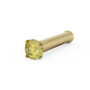14k yellow gold nose bone stud with 1.5mm yellow diamond prong setting, angled side view
