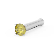 14k white gold nose bone stud with 1.5mm yellow diamond prong setting, angled side view