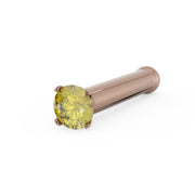 14k rose gold nose bone stud with 1.5mm yellow diamond prong setting, angled side view