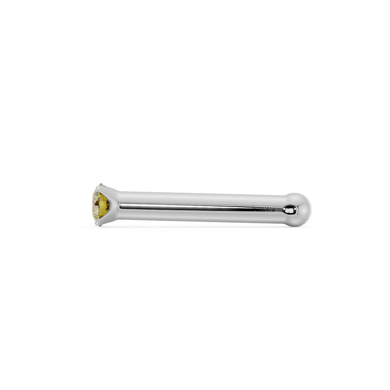 14k white gold nose bone stud with yellow diamond, full side profile showing straight post and ball end