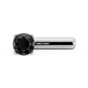 14k white gold straight-post black diamond nose stud, front angled view of prong-set gem and post
