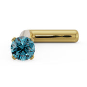 14k yellow gold blue diamond nose bone stud, close angled view highlighting teal diamond sparkle