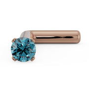 14k rose gold blue diamond nose bone stud, close angled view highlighting teal diamond sparkle