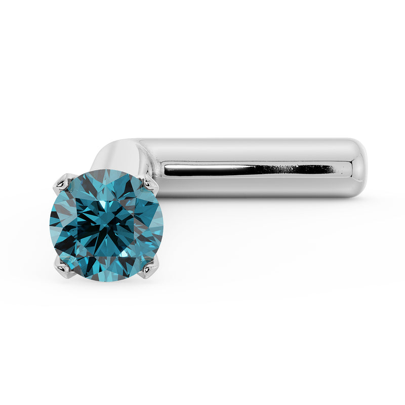14k white gold blue diamond nose bone stud, close angled view highlighting teal diamond sparkle