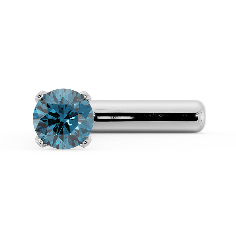 14k white gold 1.5mm blue diamond straight nose post, front-facing angled view of prong setting
