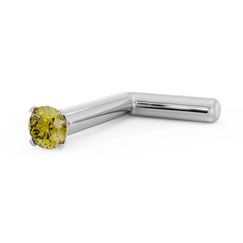 14k white gold L-post nose stud with 1.5mm yellow diamond, angled view showing bent post shape