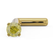 14k yellow gold L-post nose stud with 1.5mm yellow diamond prong setting, angled side view
