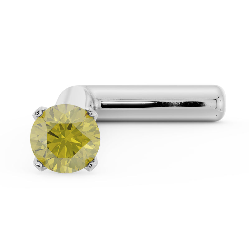 14k white gold L-post nose stud with yellow diamond, angled view highlighting four-prong setting detail