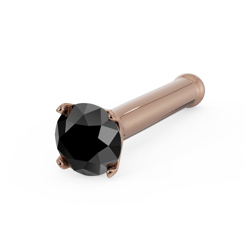 14k rose gold bone nose stud with 2mm black diamond in four-prong setting, angled view