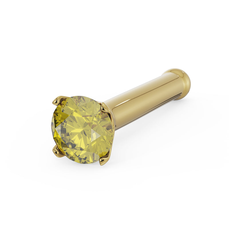 14k yellow gold nose bone stud with 2mm yellow diamond in prong setting, angled product view