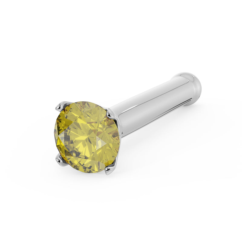 14k white gold nose bone stud with 2mm yellow diamond, angled view showing ball-tip post