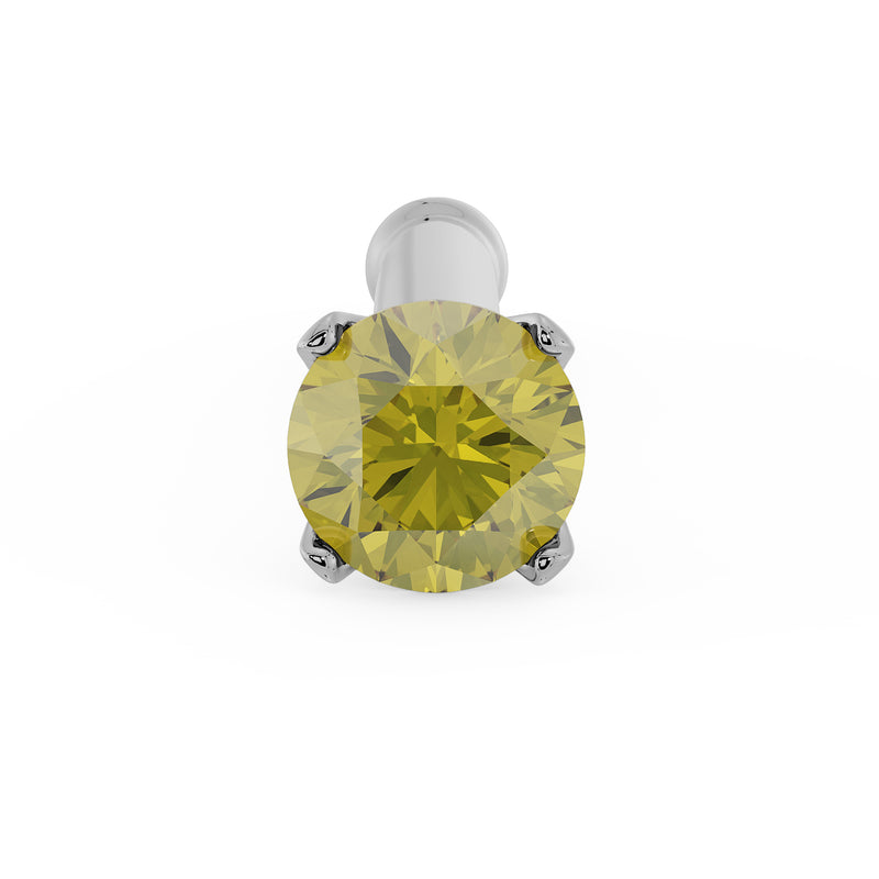 Top-down close-up of 2mm yellow diamond prong setting on white gold nose bone stud