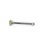 Side profile of white gold yellow diamond nose bone stud showing straight post length and ball end
