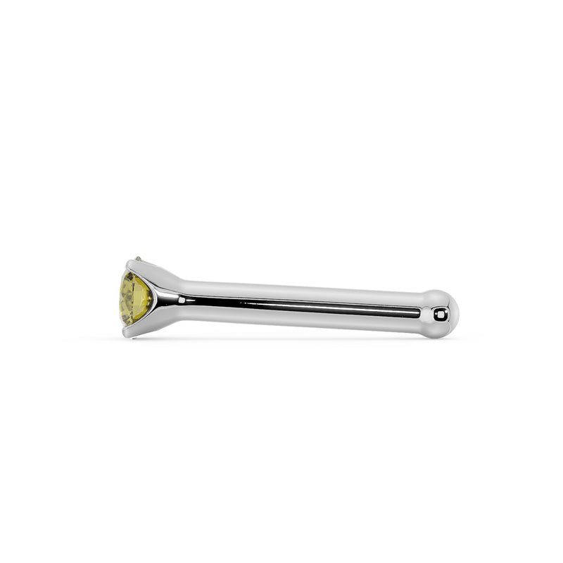 Side profile of white gold yellow diamond nose bone stud showing straight post length and ball end