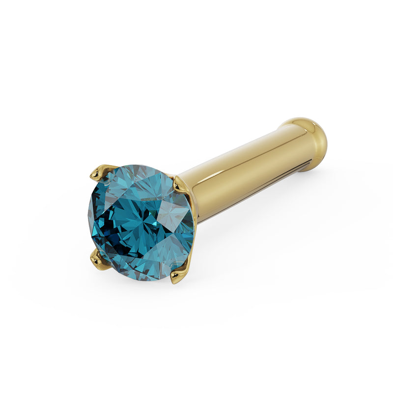 14k yellow gold bone nose stud with 2mm blue diamond prong setting, angled side view