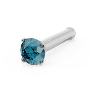 14k white gold bone nose stud with 2mm blue diamond in prong setting, angled side view