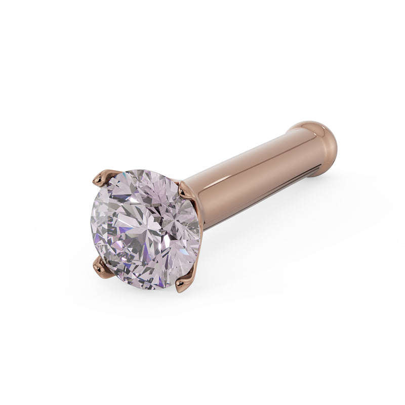 14k rose gold pink diamond nose bone stud, angled view with four-prong setting and bone post