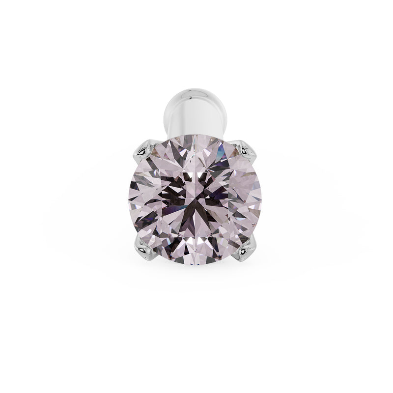 Front view of 2mm pink diamond in four-prong white gold setting with straight post tip visible