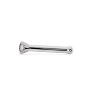 Side profile of white gold pink diamond nose bone stud showing straight post and ball end