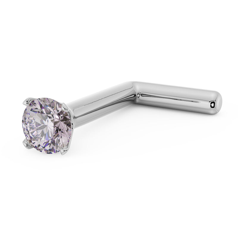 14k white gold 2mm pink diamond L-post nose stud, angled view showing L-shaped post