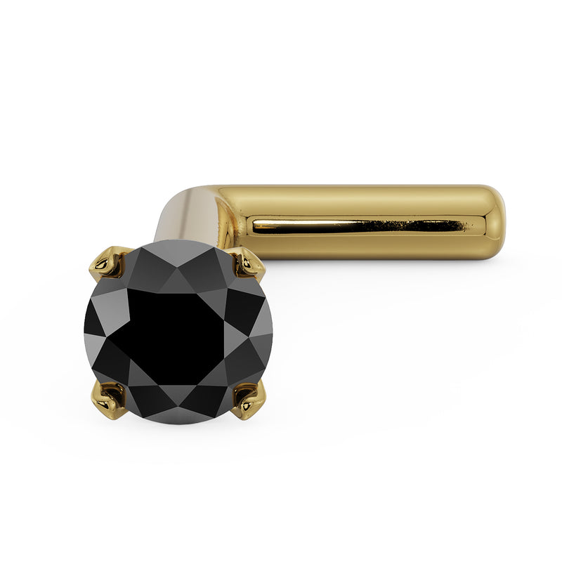 14k yellow gold L-post nose stud with 2mm black diamond in prong setting, angled view